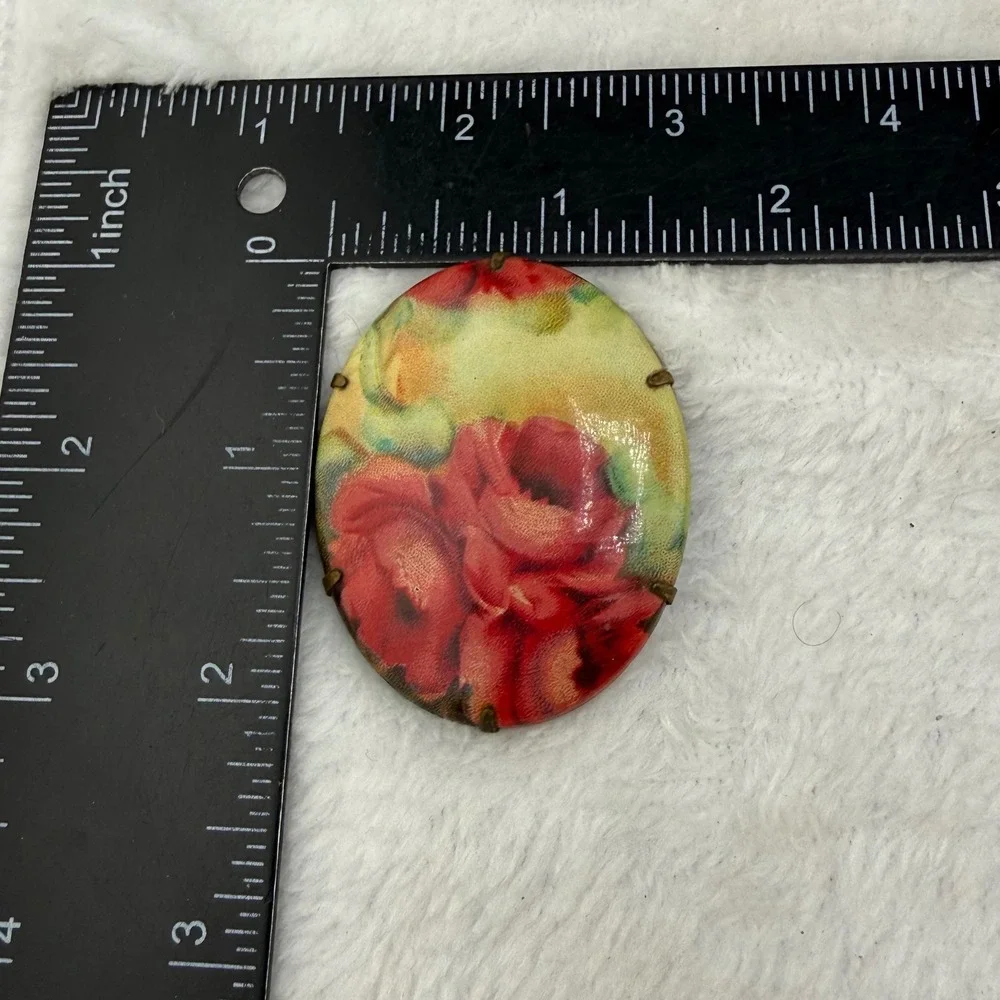 Vintage Victorian Porcelain Brooch Red Rose Floral Oval Brass Tone Pin